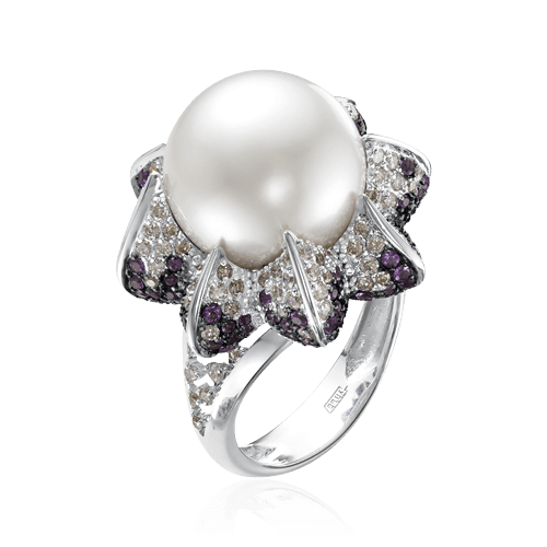 Кольцо с бриллиантами, жемчугом, изумрудом, аметистом из белого золота 585 пробы, фото № 1