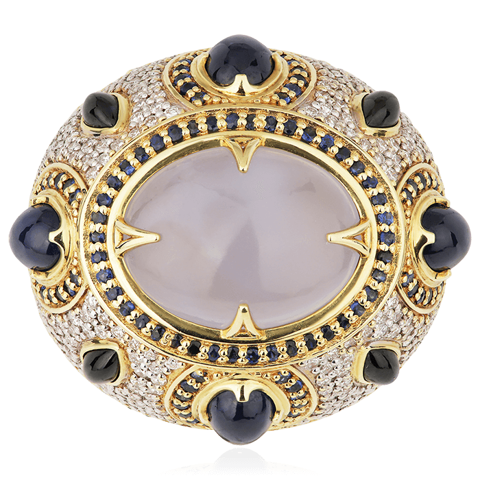 Кольцо с халцедоном, сапфиром, бриллиантами из желтого золота 750 пробы, фото № 4