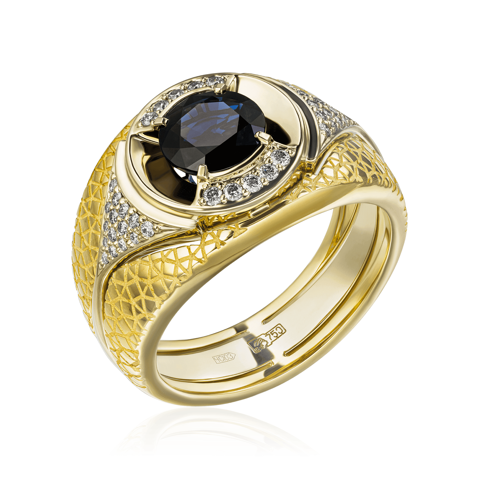 Мужское кольцо с сапфиром, бриллиантами из комбинированного золота 750 пробы (арт. 90880)