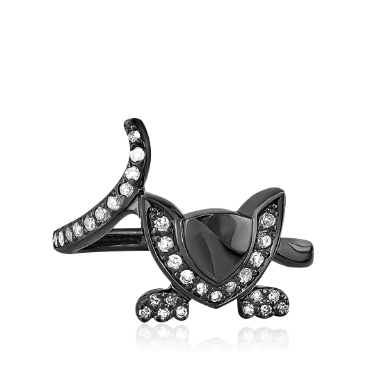 Кольцо из черного золота с бриллиантами, в форме маленького игривого чёрного котёнка, фото № 1