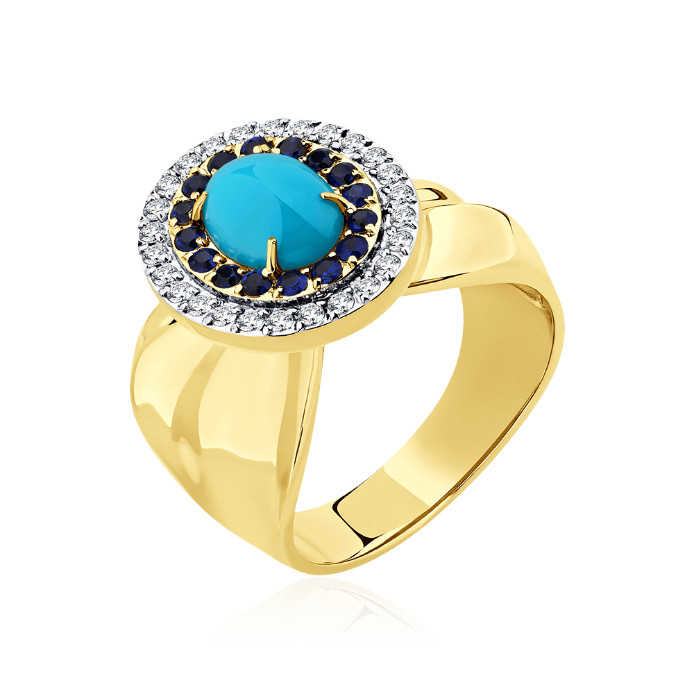 Кольцо с сапфиром, бриллиантами, бирюзой из желтого золота 585 пробы (арт. 102850)