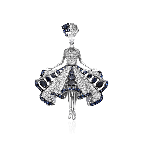 Кулон Балерина с сапфиром, бриллиантами из белого золота 585 пробы (арт. 102427)
