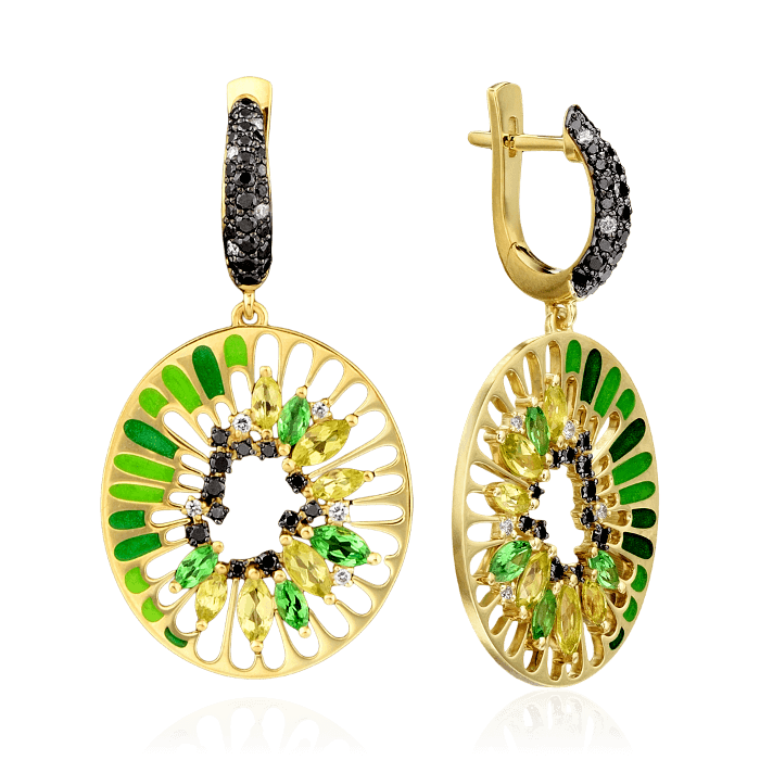 Серьги Киви с цветными камнями и бриллиантами в желтом золоте 750 пробы (арт. 28031)