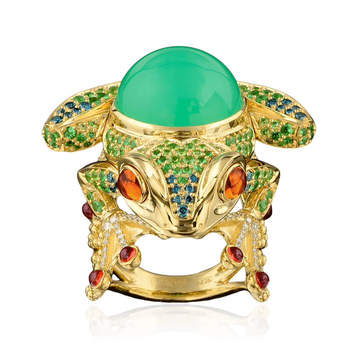 Кольцо Лягушка с цветными камнями и бриллиантами в желтом золоте 750 пробы, фото № 2