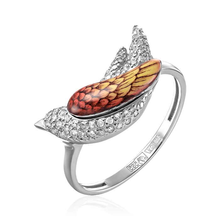 Кольцо Птица с бриллиантами, финифтью из белого золота 585, фото № 1
