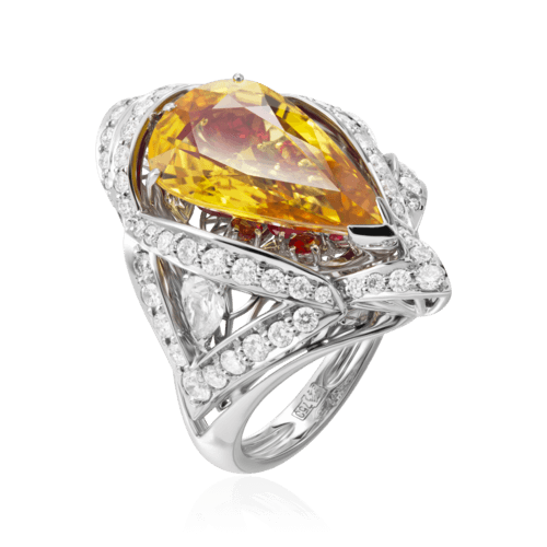 Кольцо с желтым сапфиром, рубином, бриллиантами из белого золота 750 пробы, фото № 1