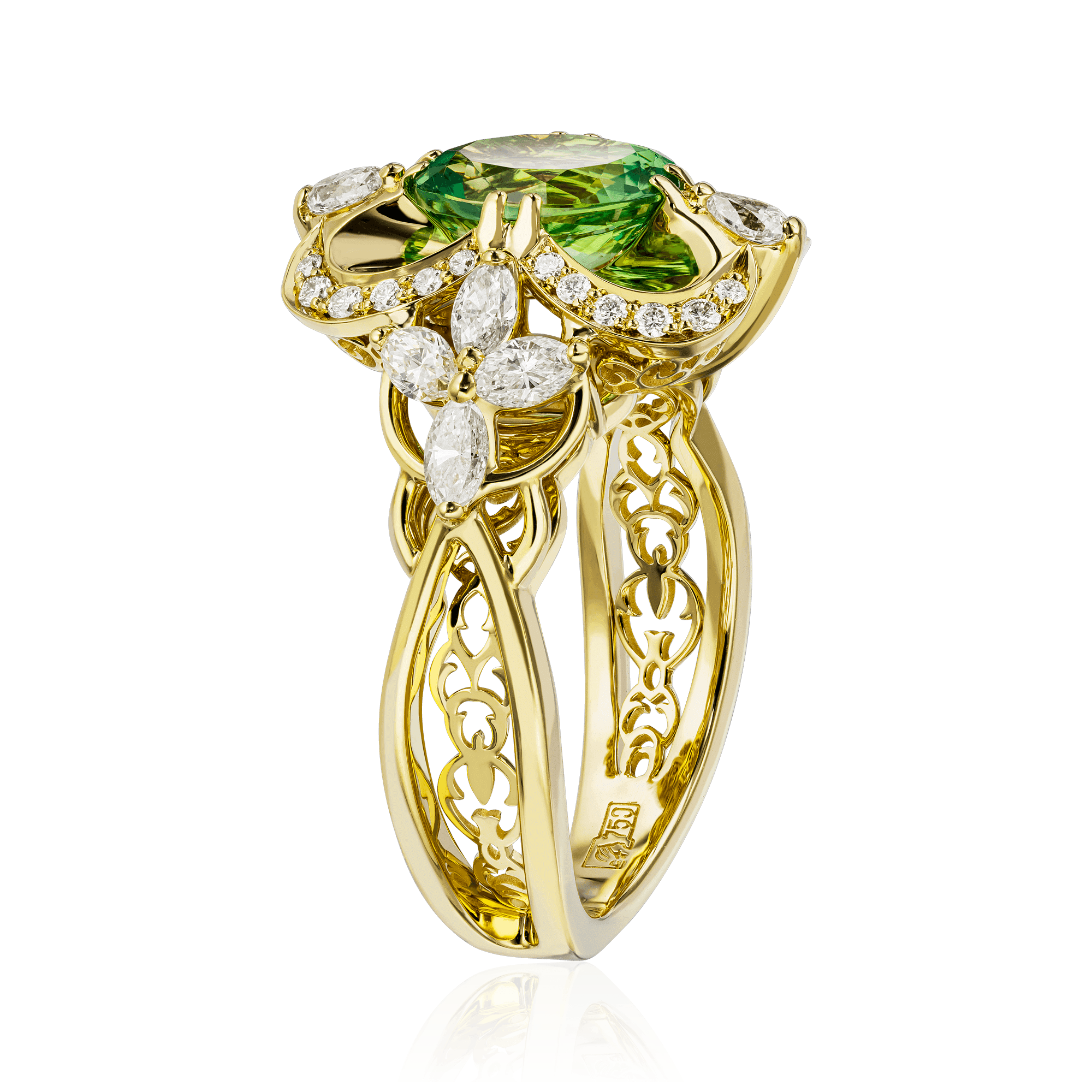 Кольцо с тсаворитом, бриллиантами из желтого золота 750 пробы, фото № 3