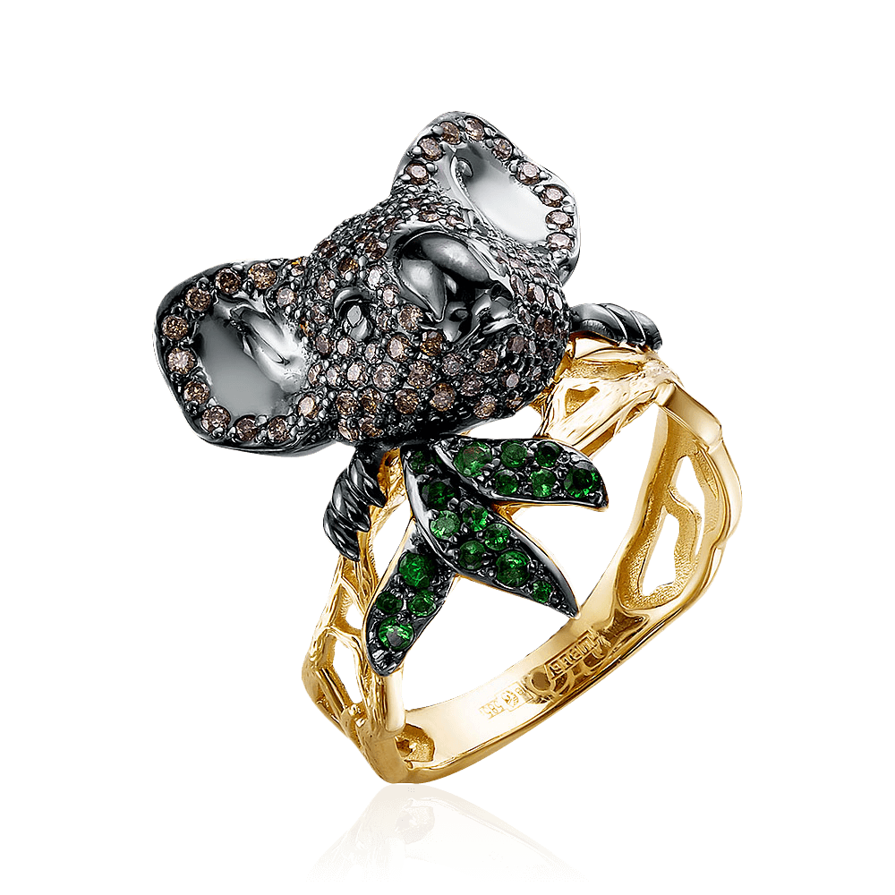 Кольцо Коала с бриллиантами, тсаворитом из желтого золота 585 пробы, фото № 1