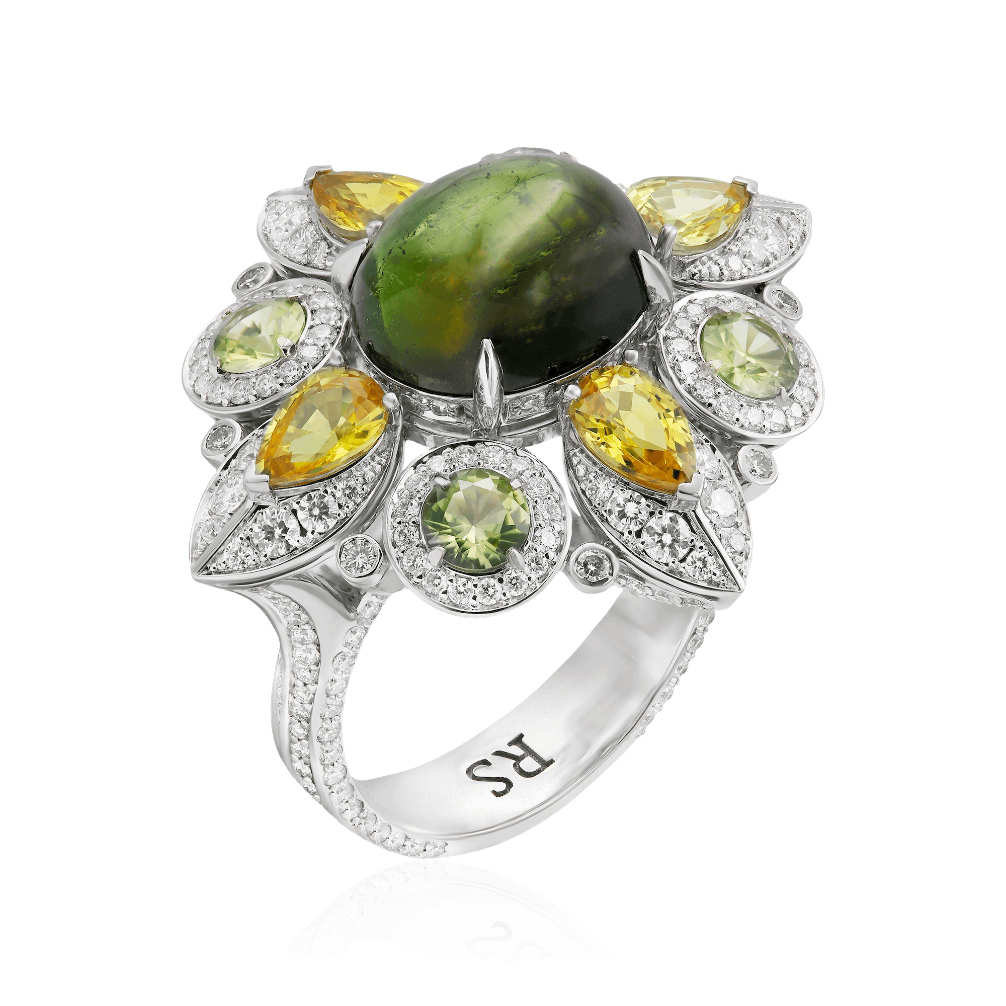 Кольцо в виде цветка с сапфиром, бриллиантами, хризолитом, турмалином из белого золота 750 пробы, фото № 1