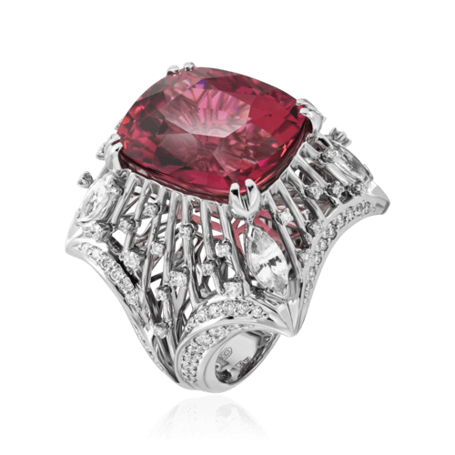 Кольцо с розовым турмалином, белыми сапфирами, бриллиантами из белого золота 585 пробы, фото № 1