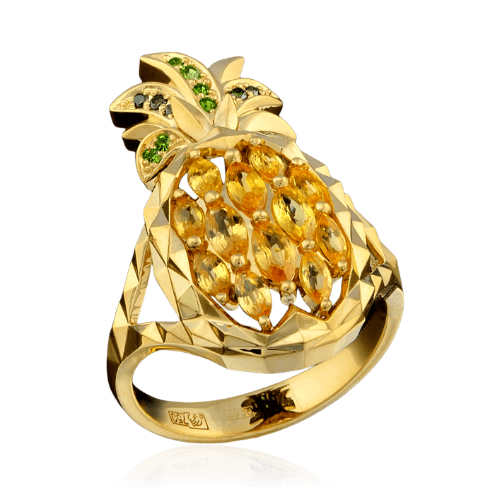 Кольцо Ананас с цветными камнями и бриллиантами в желтом золоте 750 пробы (арт. 28035)