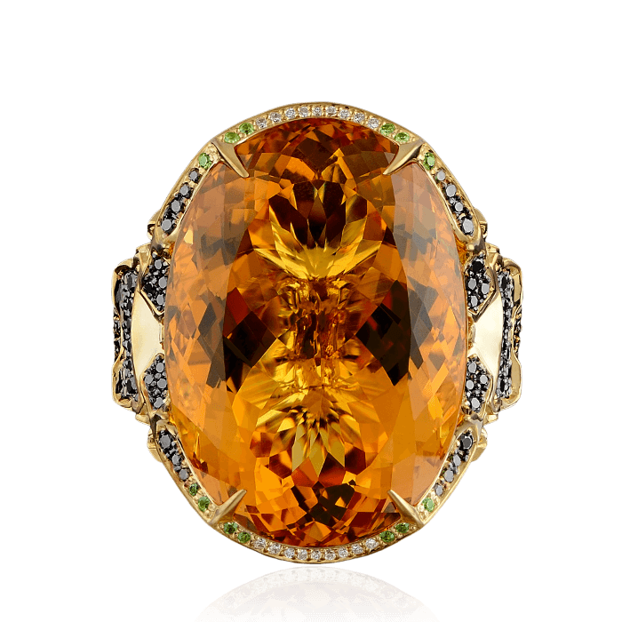 Кольцо Жук-олень с цветными камнями и бриллиантами в желтом золоте 750 пробы, фото № 2