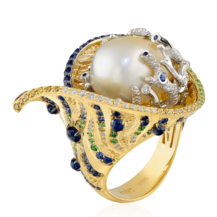 Кольцо с жемчугом, бриллиантами, сапфиром, демантоидом из комбинированного золота 750 пробы, фото № 3