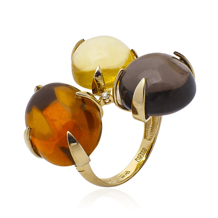 Кольцо с бриллиантами, раухтопазом, цитрином из желтого золота 585 пробы, фото № 1