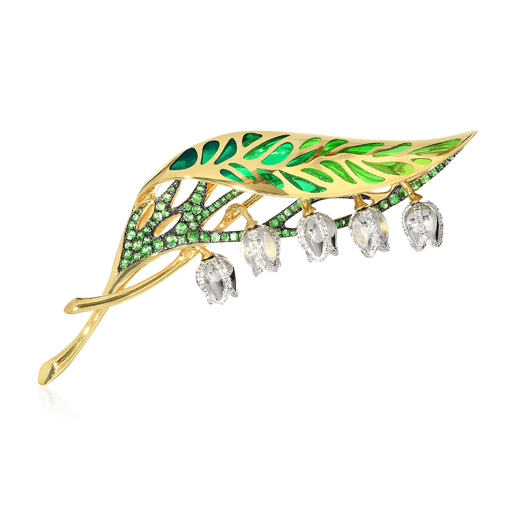 Брошь Ландыш с бриллиантами, эмалью, тсаворитом, лунным камнем из желтого золота 750 пробы, фото № 1