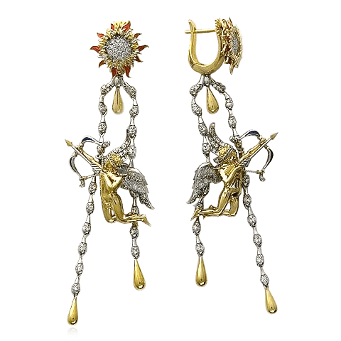 Серьги Амуры с бриллиантами, эмалью из комбинированного золота 750 пробы (арт. 12766)