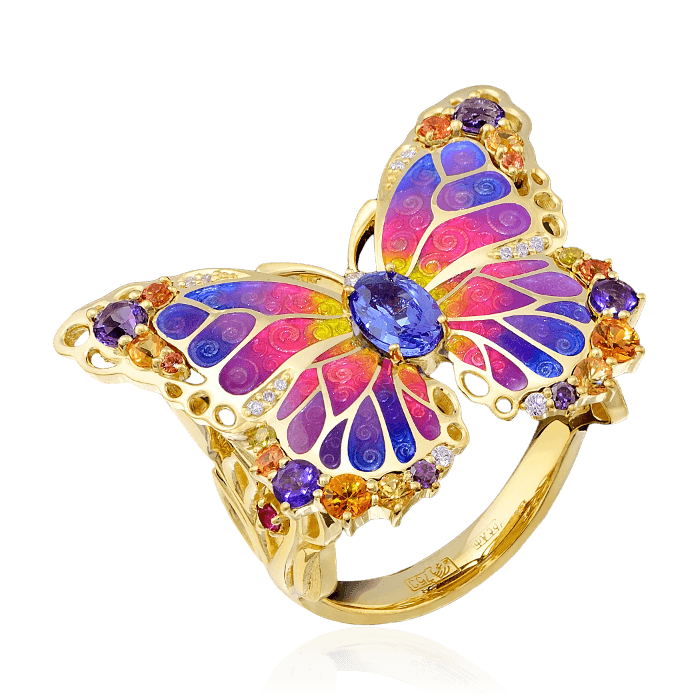 Кольцо бабочка с бриллиантами, аметистом, сапфиром фантазийным из желтого золота 750 пробы, фото № 1