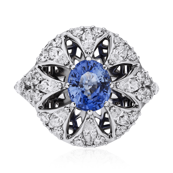 Кольцо с сапфирами, бриллиантами из белого золота 750 пробы, фото № 2
