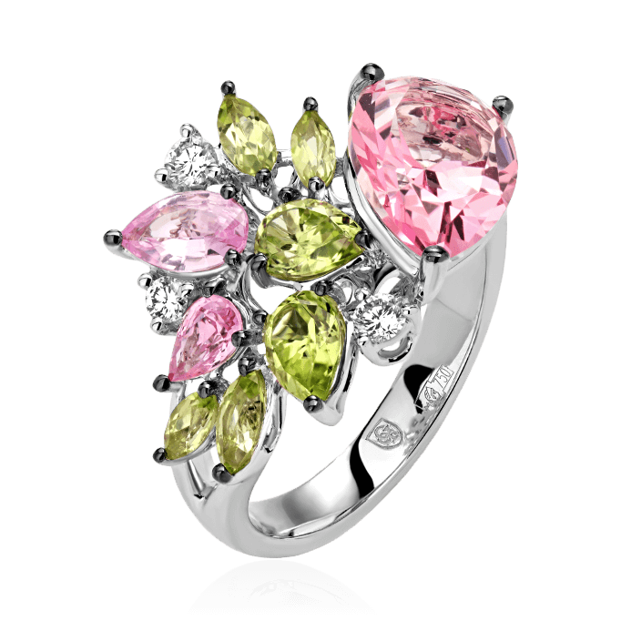 Кольцо с розовым топазом, цветными сапфирами, хризолитом, бриллиантами из белого золота 750 пробы, фото № 1