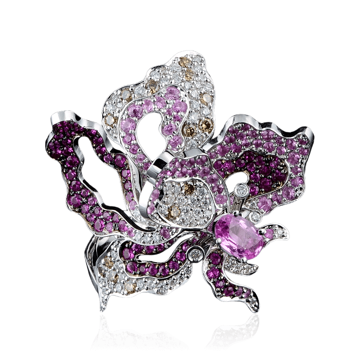 Кольцо цветок с бриллиантами, розовыми сапфирами, рубинами из белого золота 750 пробы, фото № 2