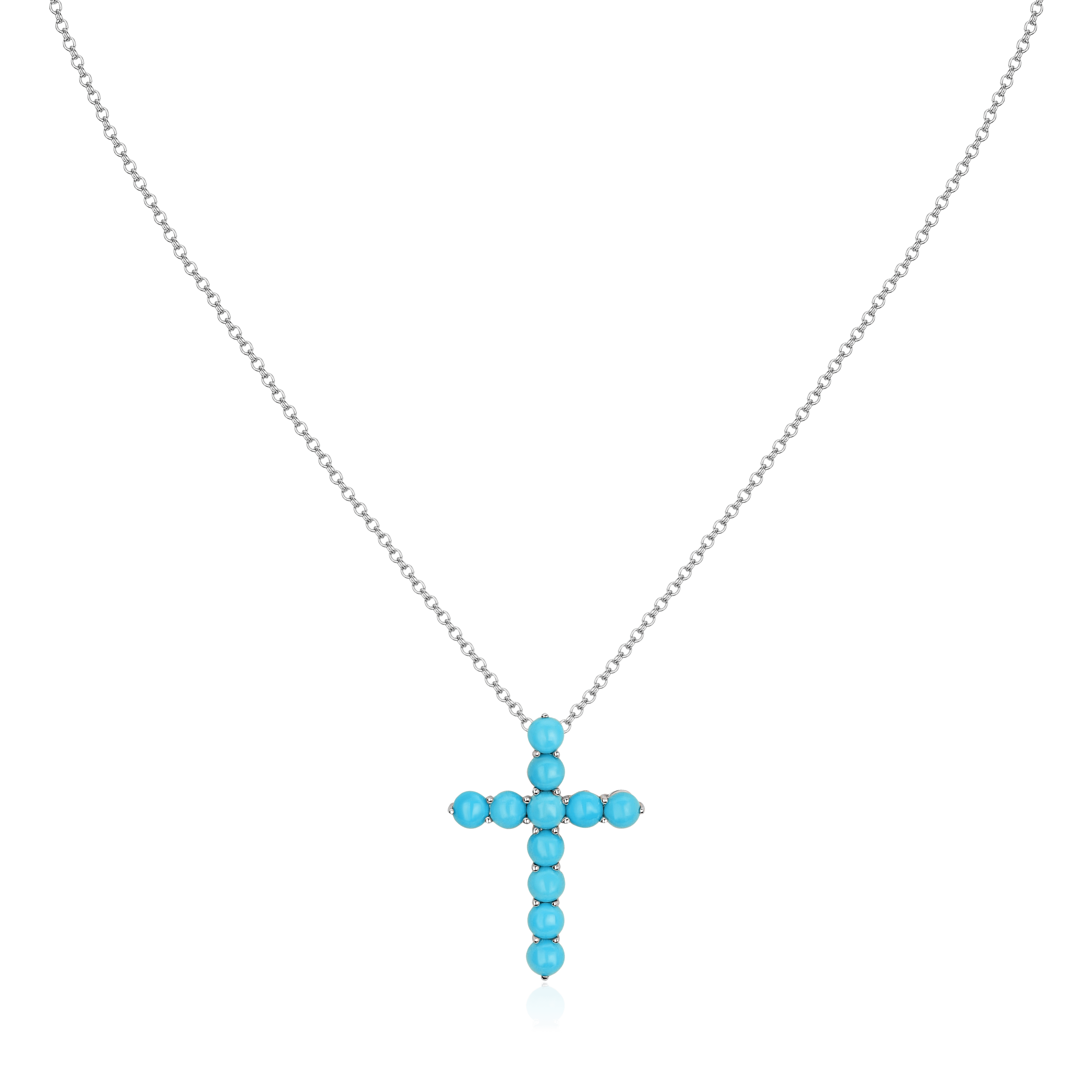 Колье в виде креста с бриллиантами, бирюзой из белого золота 750 пробы (арт. 98714)