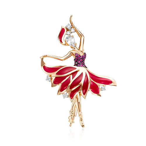 Брошь Балерина с рубином, сапфиром, бриллиантами, эмалью из желтого золота 585 пробы (арт. 54642)