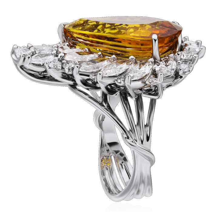 Кольцо с желтым сапфиром, бриллиантами из белого золота 750 пробы, фото № 2