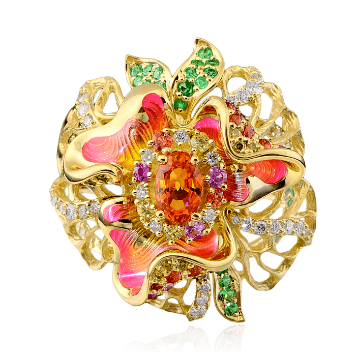 Кольцо с бриллиантами, эмалью, тсаворитом, сапфиром фантазийным из желтого золота 750 пробы, фото № 2