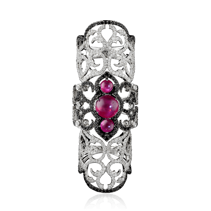 Бандажное кольцо с рубинами, белыми и черными бриллиантами в белом золоте 750 пробы, фото № 3