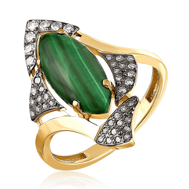 Кольцо с малахитом, бриллиантами из желтого золота 585 пробы, фото № 1