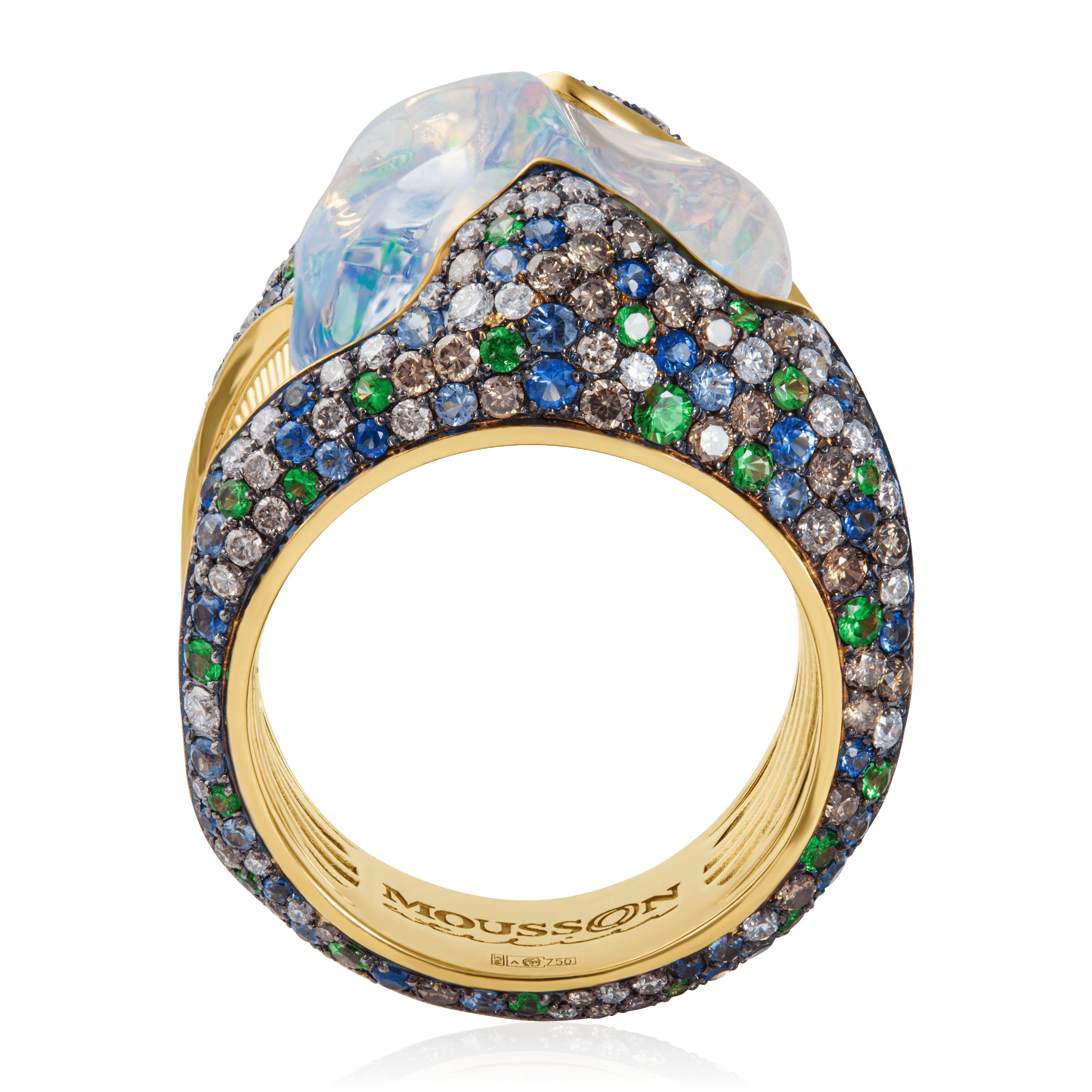 Кольцо с сапфиром, тсаворитом, опалом, бриллиантами из желтого золота 750 пробы, фото № 1