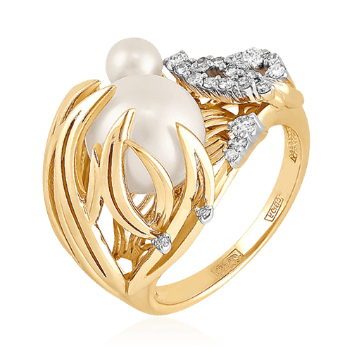 Кольцо с бриллиантами, жемчугом из желтого золота 585 пробы, фото № 1