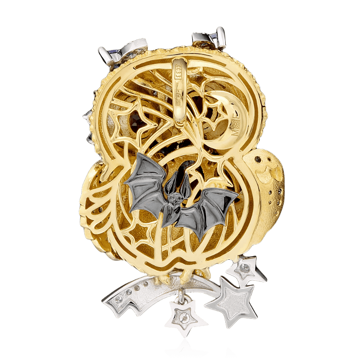 Кулон Сова с сапфиром, бриллиантами, аметистом, лунным камнем из комбинированного золота 750 пробы, фото № 2
