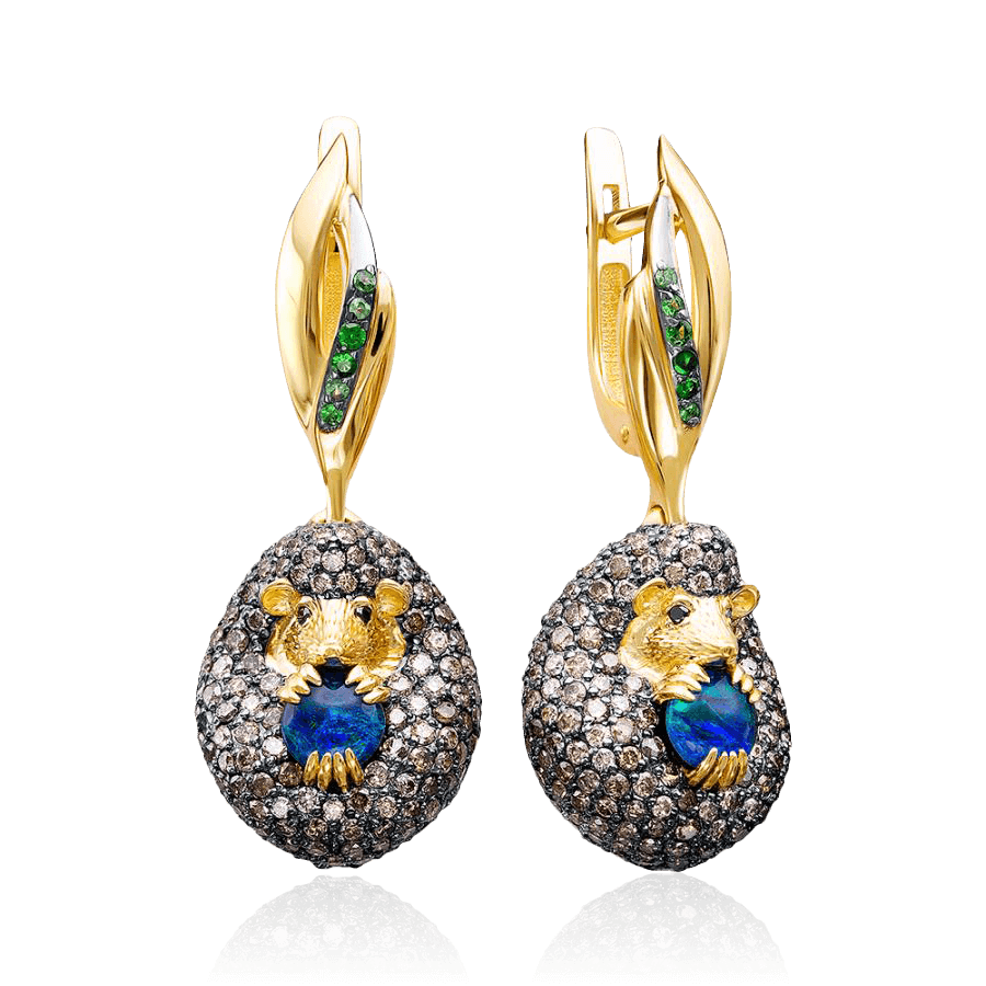 Серьги Ежик с бриллиантами, тсаворитом, опалом из желтого золота 585 пробы (арт. 102395)
