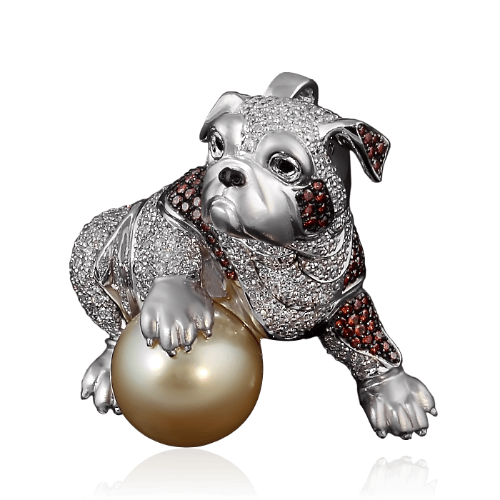 Кулон Бульдог с жемчугом, бриллиантами в белом золоте 585 пробы, фото № 2
