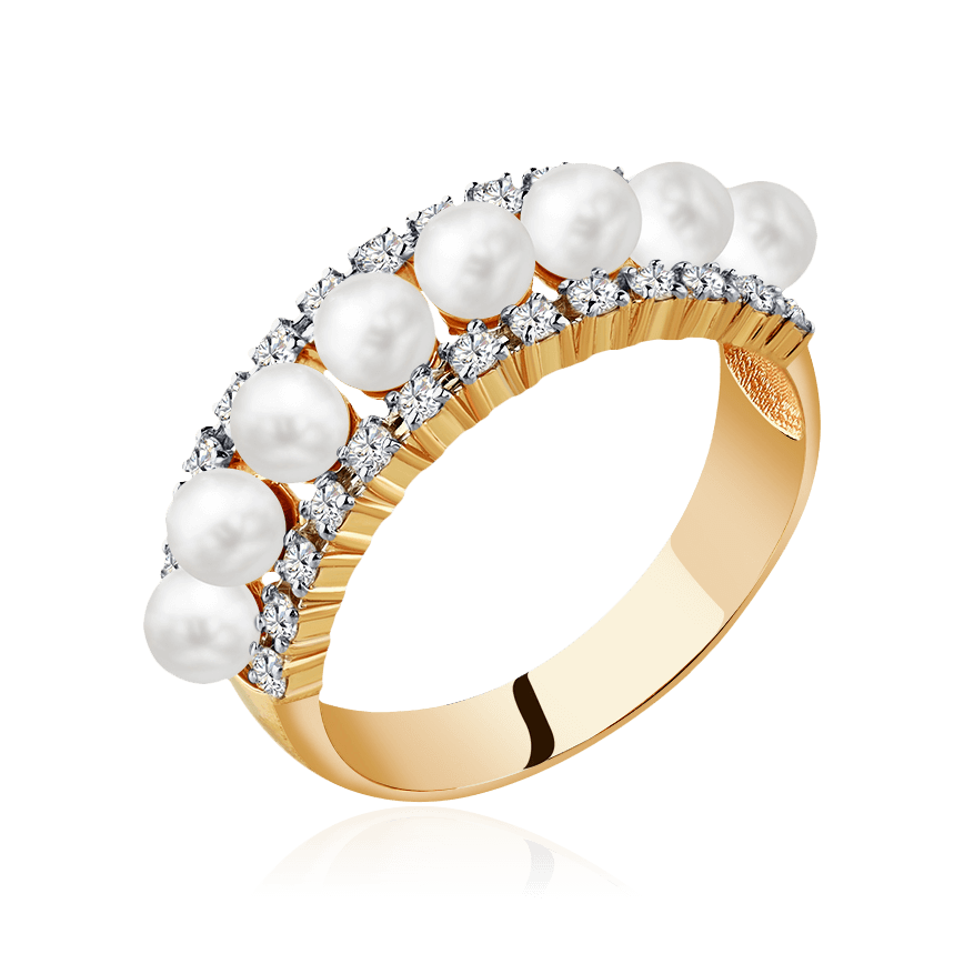 Кольцо с бриллиантами, жемчугом из красного золота 585 пробы, фото № 1