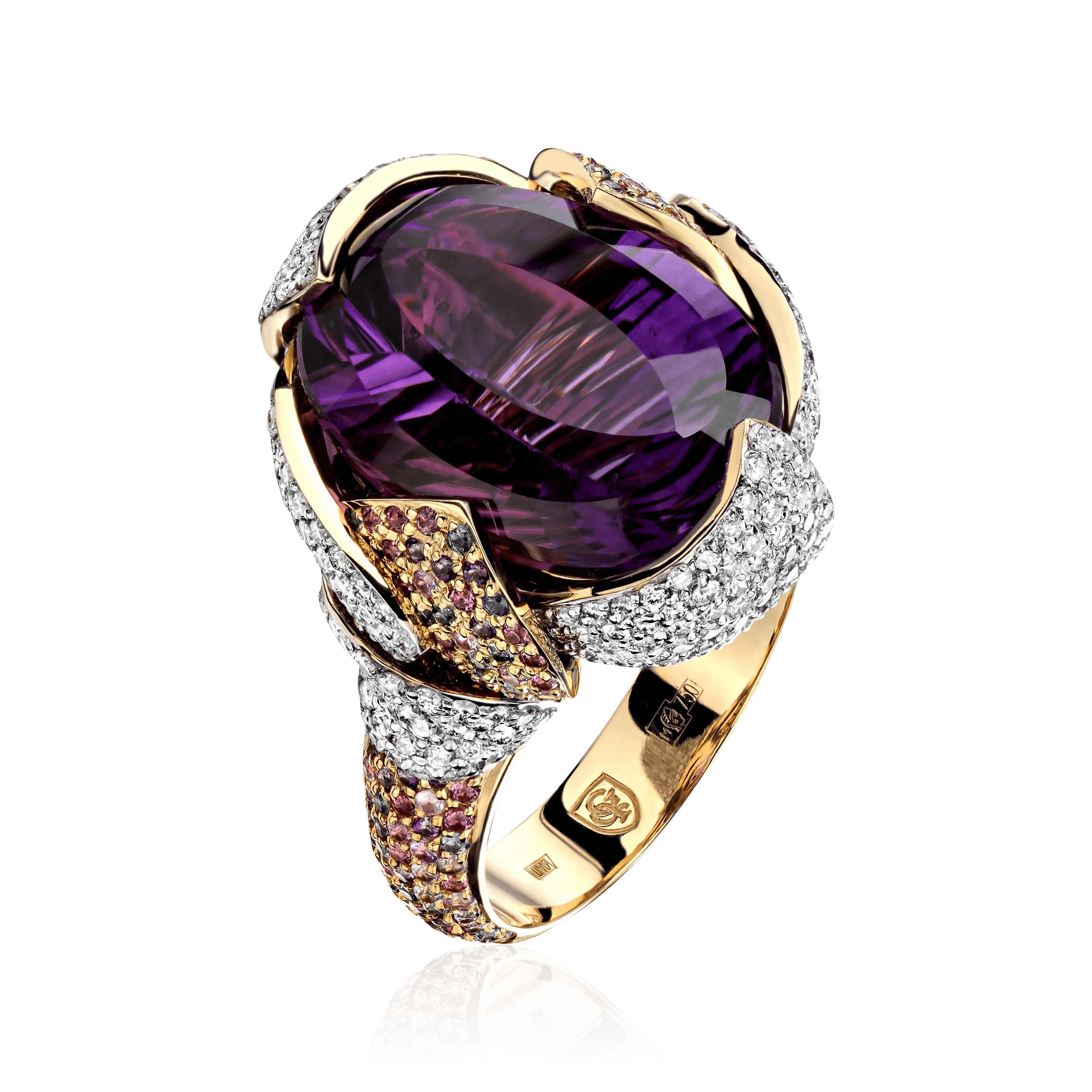 Кольцо с аметистом, топазом, цветными сапфирами, бриллиантами, родолитом из желтого золота 750 пробы (арт. 98559)