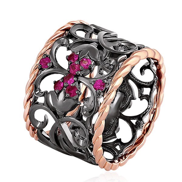 Широкое ажурное кольцо с рубином из красного и черного золота 585 пробы, фото № 1