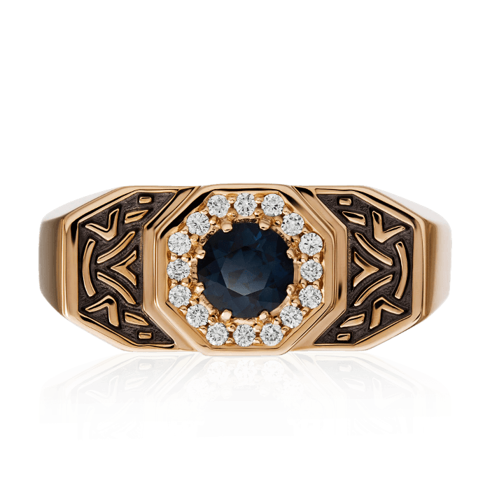 Мужское кольцо с сапфиром, бриллиантами из красного золота 585 пробы, фото № 2