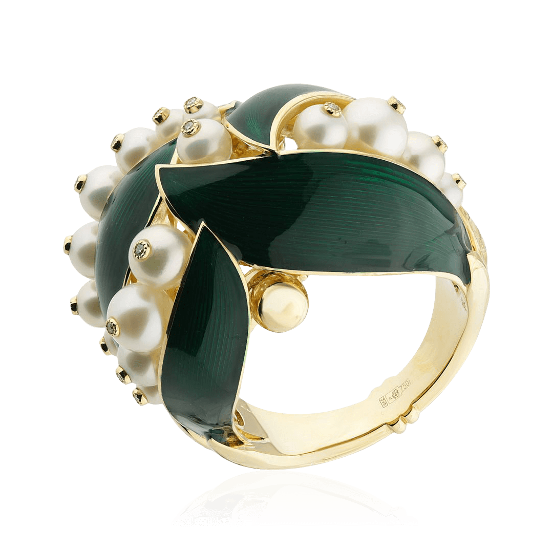 Кольцо Ландыш с бриллиантами, жемчугом из желтого золота 750 пробы (арт. 98416)