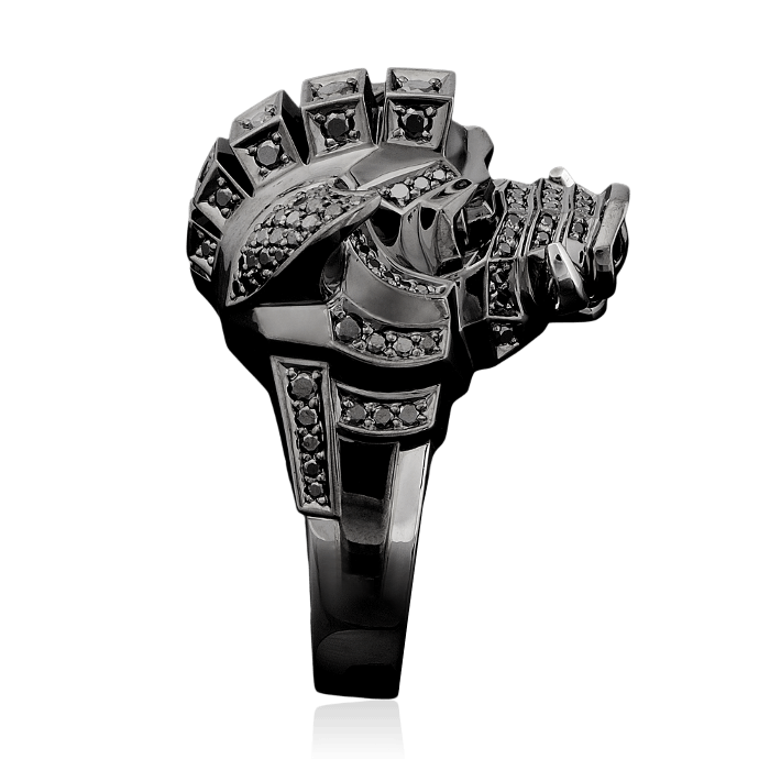 Мужское кольцо Кабан с черными бриллиантами, рубинами в черненом золоте 750 пробы, фото № 4