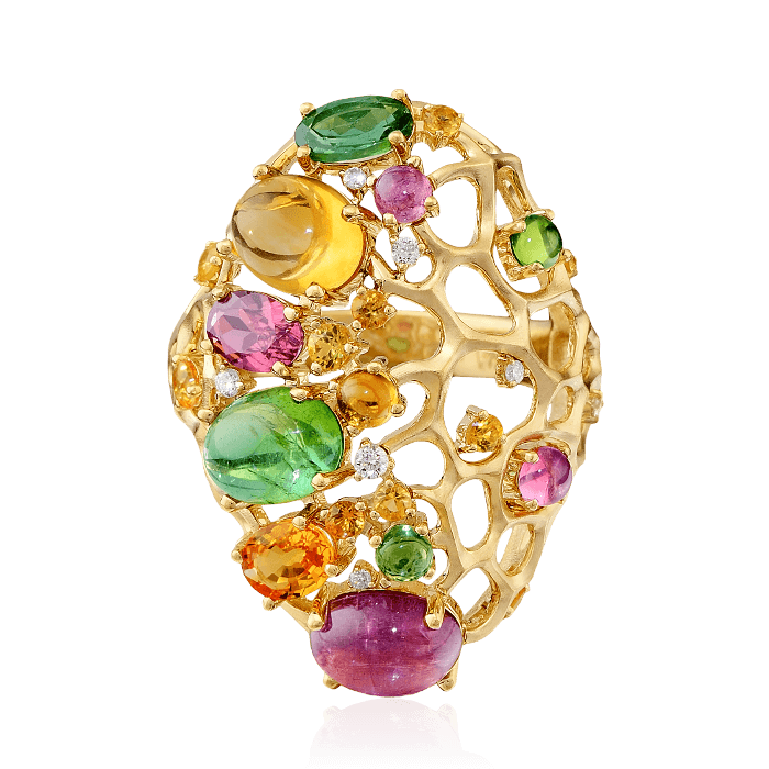 Кольцо с бриллиантами, цитрином, турмалином, сапфиром фантазийным из желтого золота 585 пробы, фото № 2