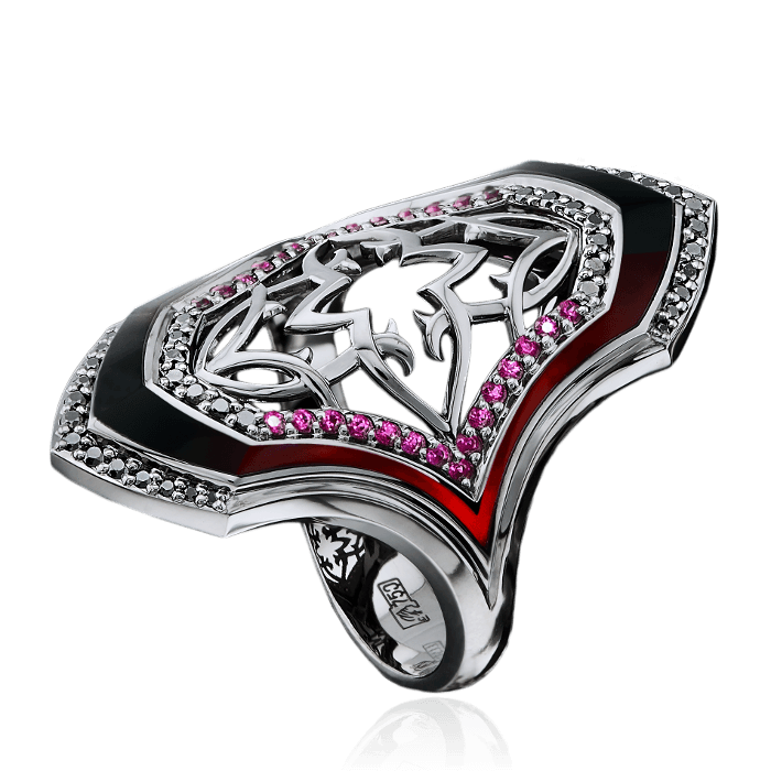 Кольцо с рубином, бриллиантами, эмалью из черного золота 750 пробы, фото № 1