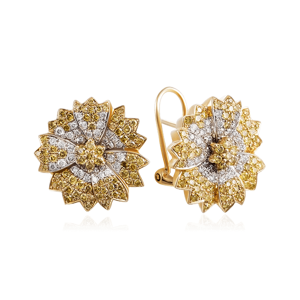 Серьги в виде цветов с бриллиантами из желтого золота 585 пробы (арт. 52152)