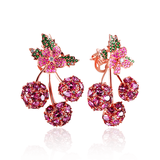 Серьги Ягоды с родолитами, розовыми сапфирами, тсаворитами и бриллиантами в красном золоте 585 пробы, фото № 1