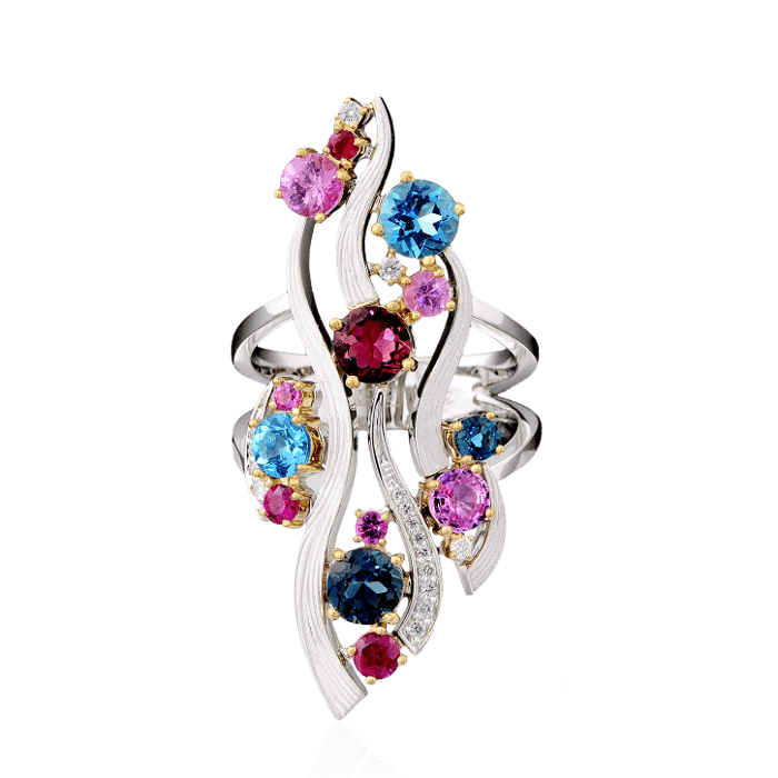 Кольцо с рубинами, цветными сапфирами, лондонскими топазами, турмалинами и бриллиантами в белом золоте 750 пробы, фото № 3