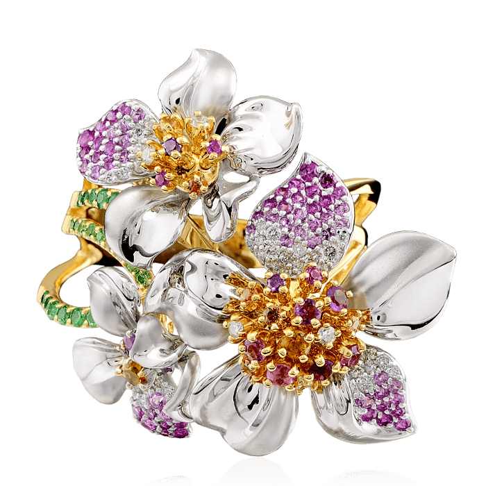Кольцо Цветок с бриллиантами, аметистом, турмалином, демантоидом, тсаворитом, цветными сапфирами из комбинированного золота 750 пробы, фото № 2