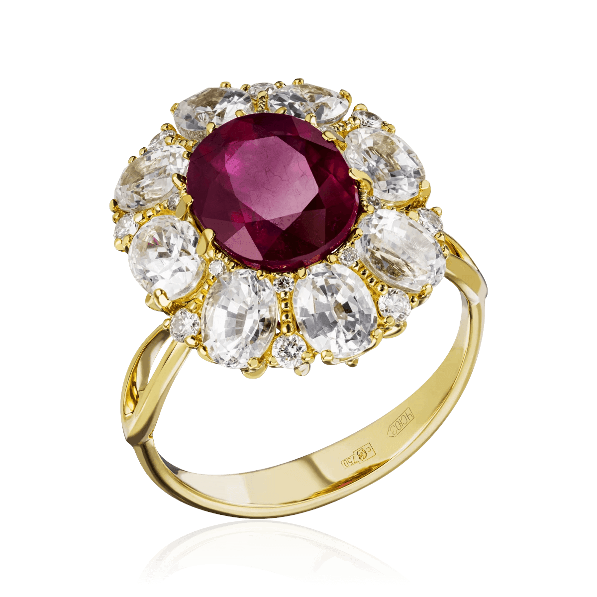 Кольцо с рубином, белыми сапфирами, бриллиантами из желтого золота 750 пробы, фото № 1