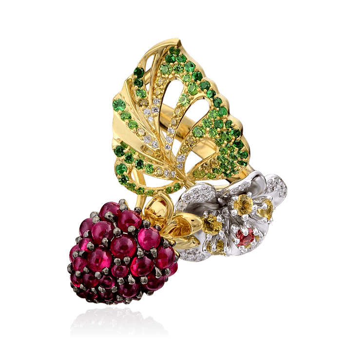 Кольцо Малина с рубинами, сапфирами, бриллиантами, демантоидами, тсаворитами из комбинированного золота 750 пробы, фото № 3