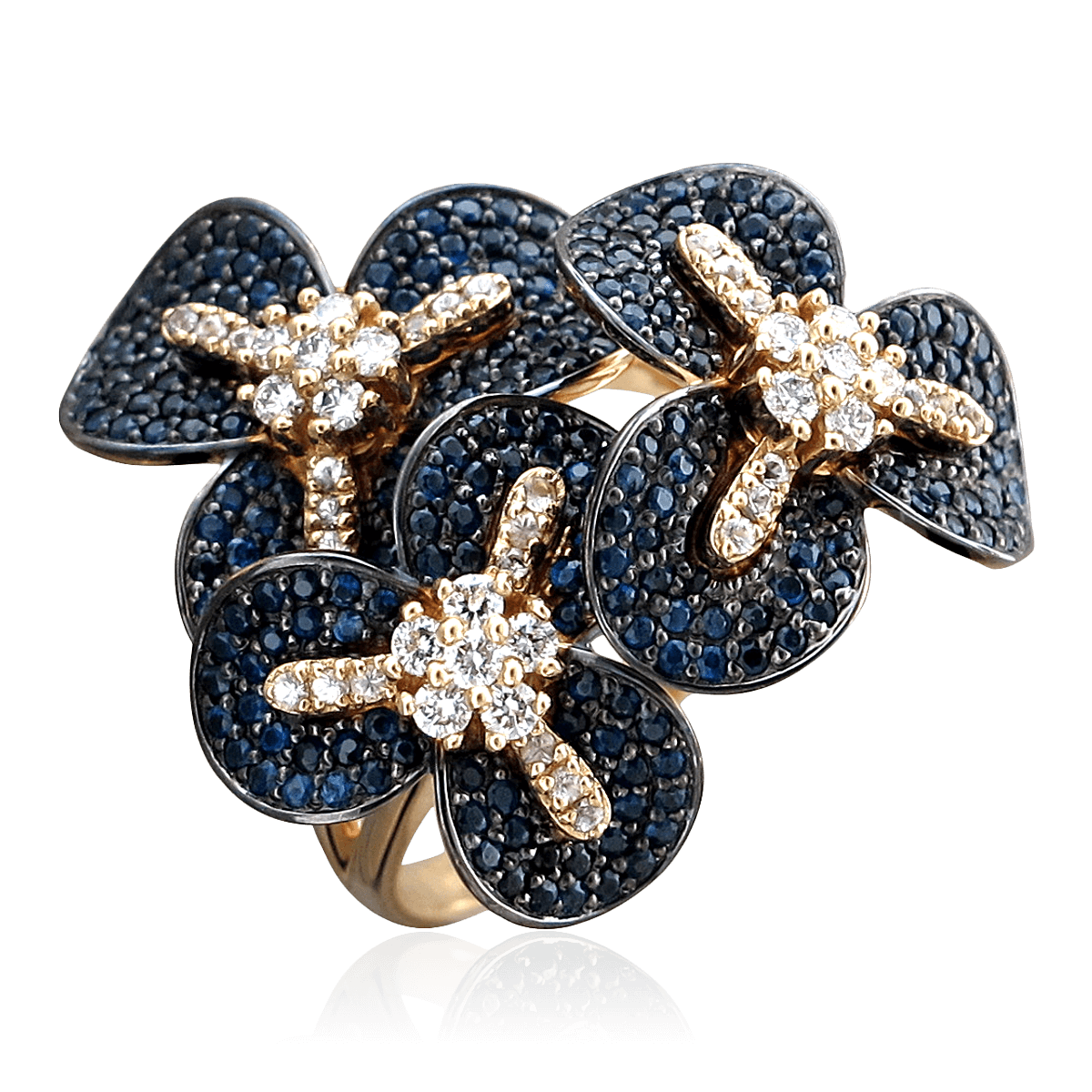 Кольцо Цветы с синим и цветными сапфирами, бриллиантами из желтого золота 585 пробы (арт. 86219)
